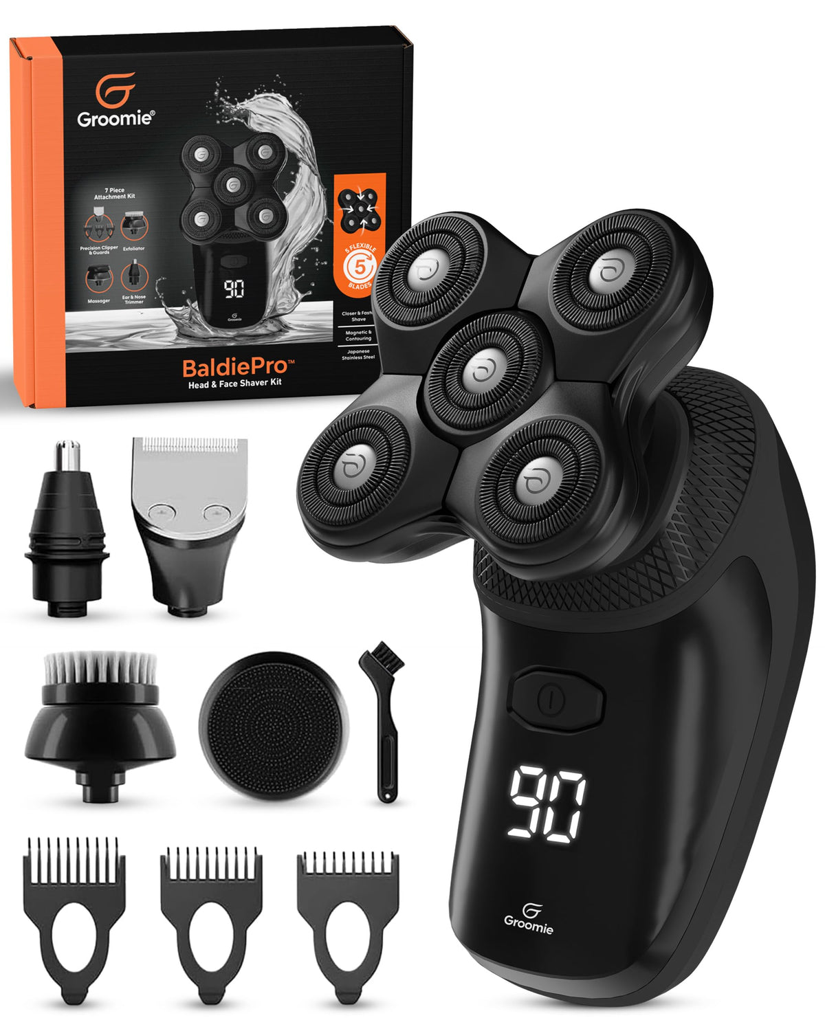Groomie BaldiePro head shaver close-up highlighting SmoothShave tech for a smooth shave.