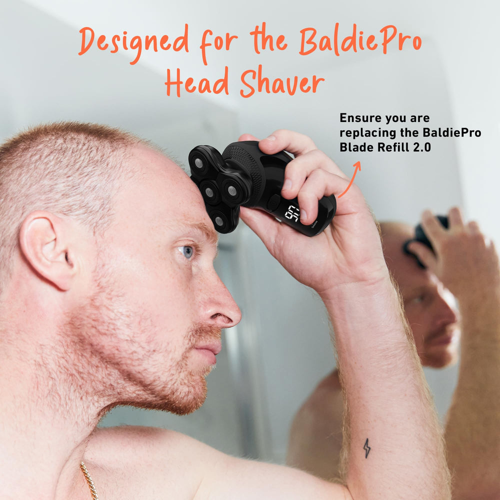 Groomie BaldiePro waterproof shaver shown in shower for wet and dry use.