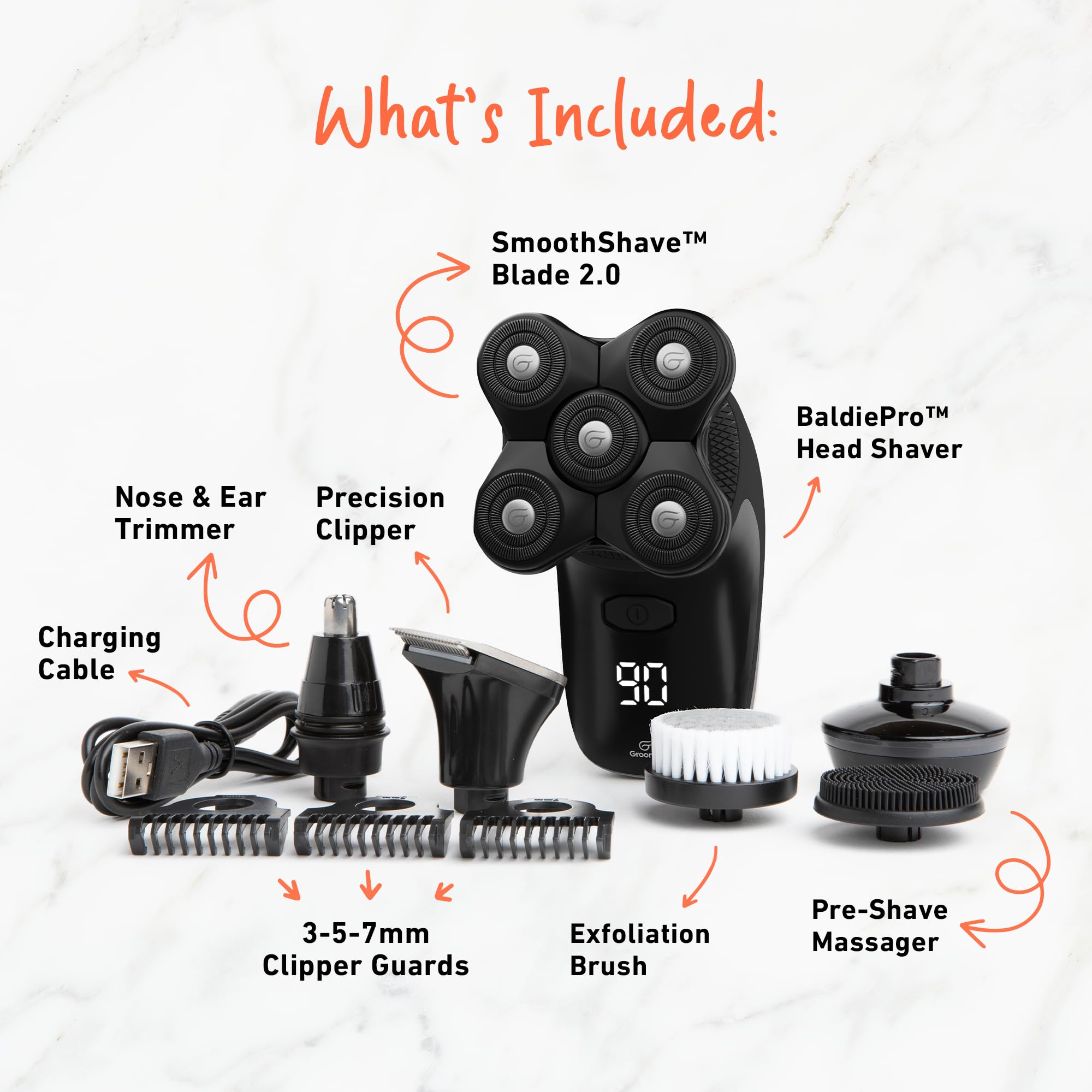 Groomie BaldiePro waterproof design supports wet and dry use for shower-ready shaves.