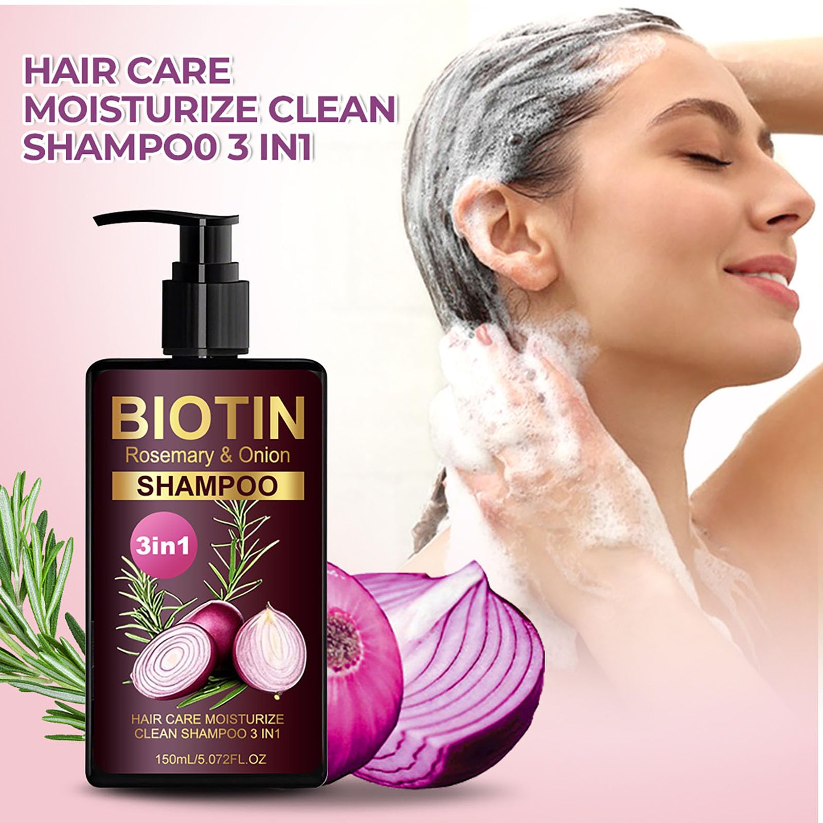 Grospe onion-rosemary shampoo hair closeup suggests frizz control and natural shine.
