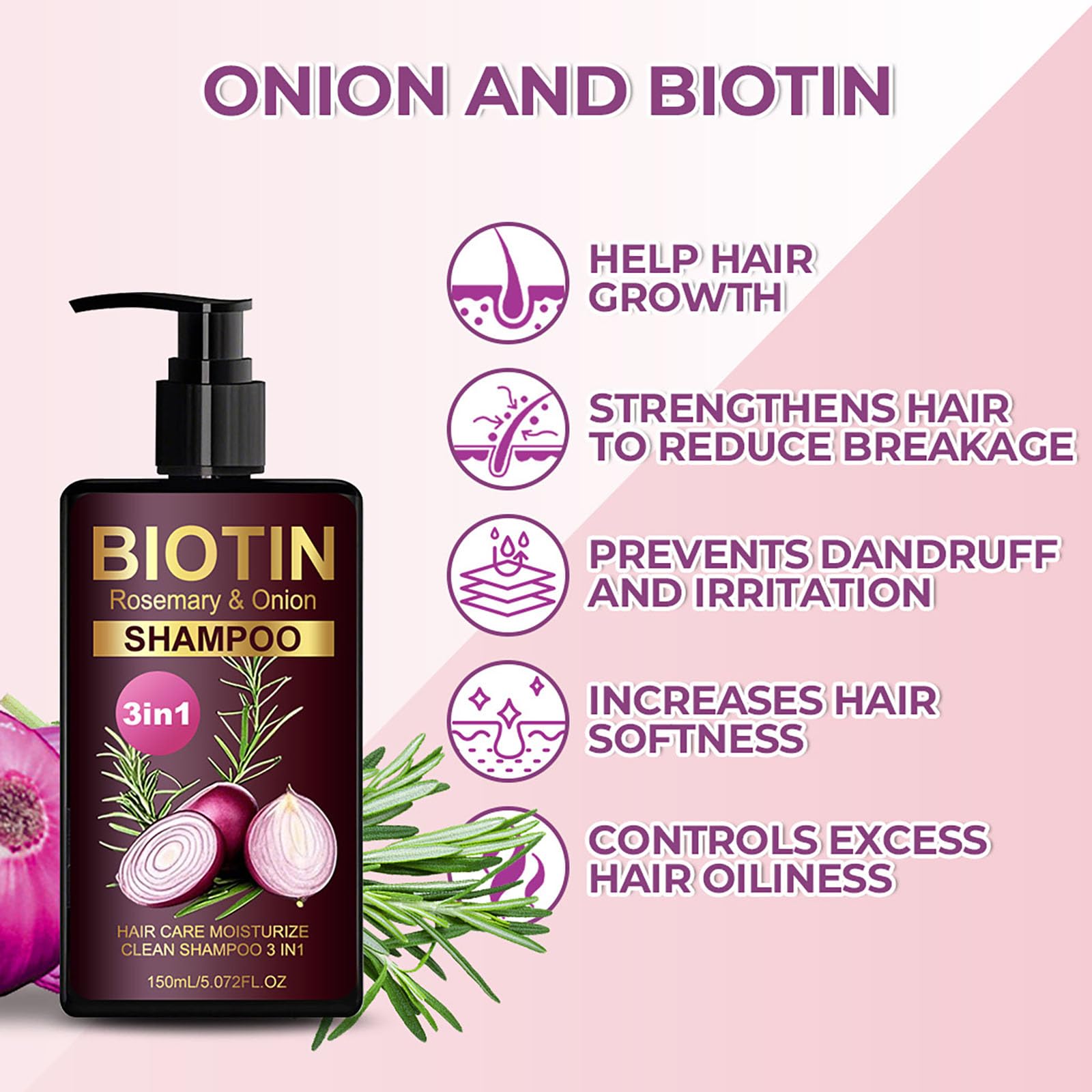 Grospe shampoo ingredients closeup focuses on onion extract and rosemary for scalp balance.