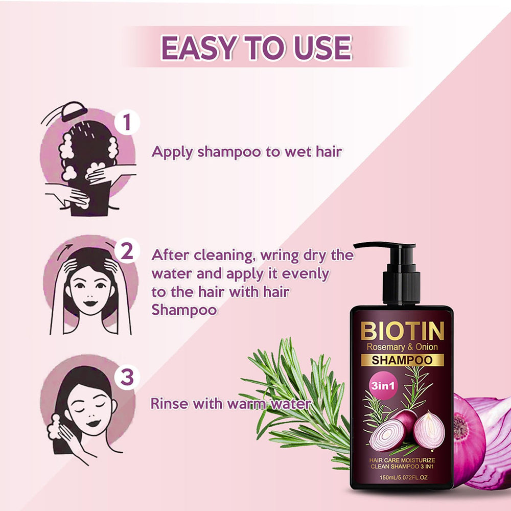 Grospe onion-rosemary shampoo packaging label emphasizes natural ingredients and 5.07 fl oz size.
