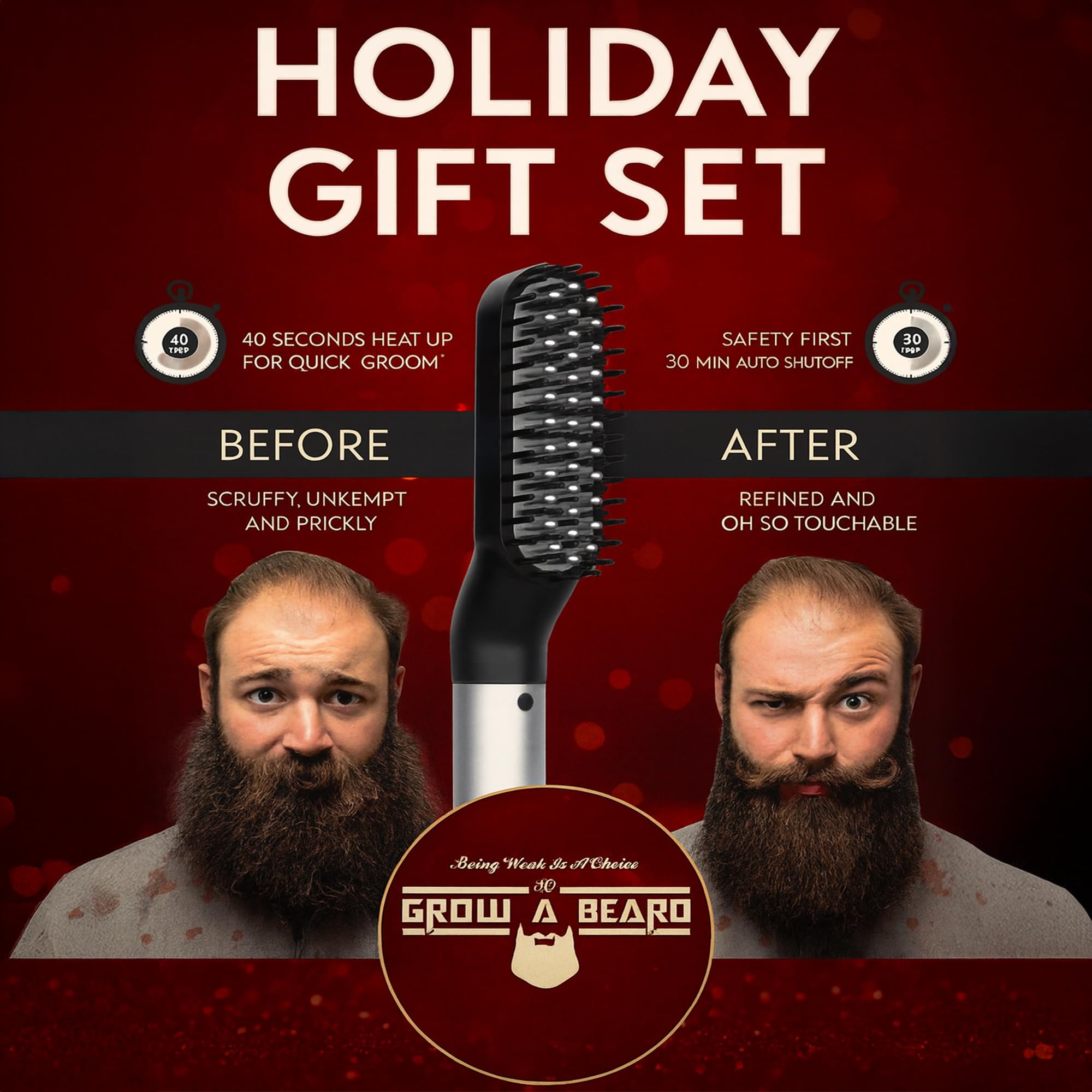 Grow Alpha beard brush visual: smooth detangling and shaping for neat beards.