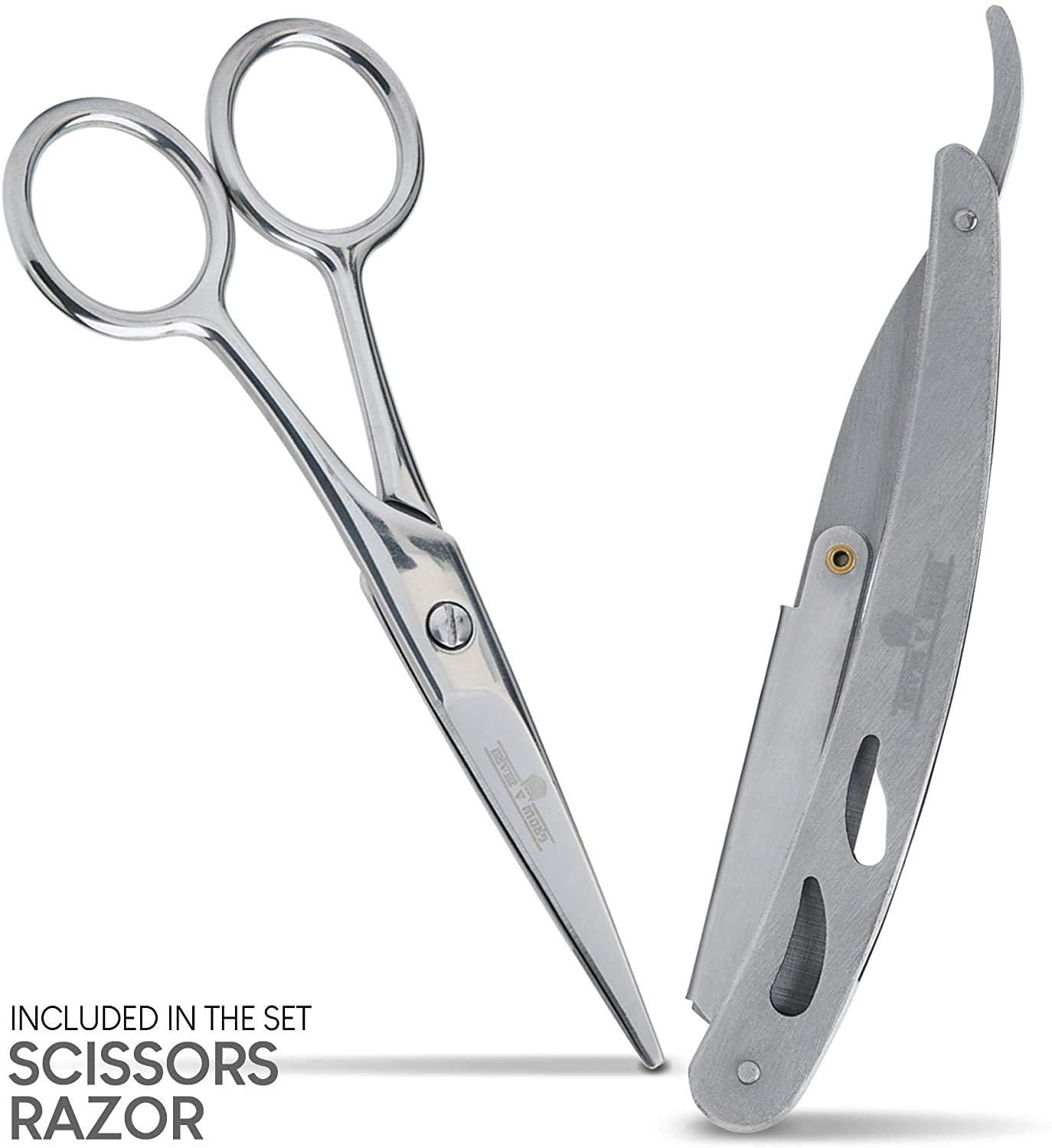 Grow Alpha Beard razor and stainless scissors for precise trimming control.