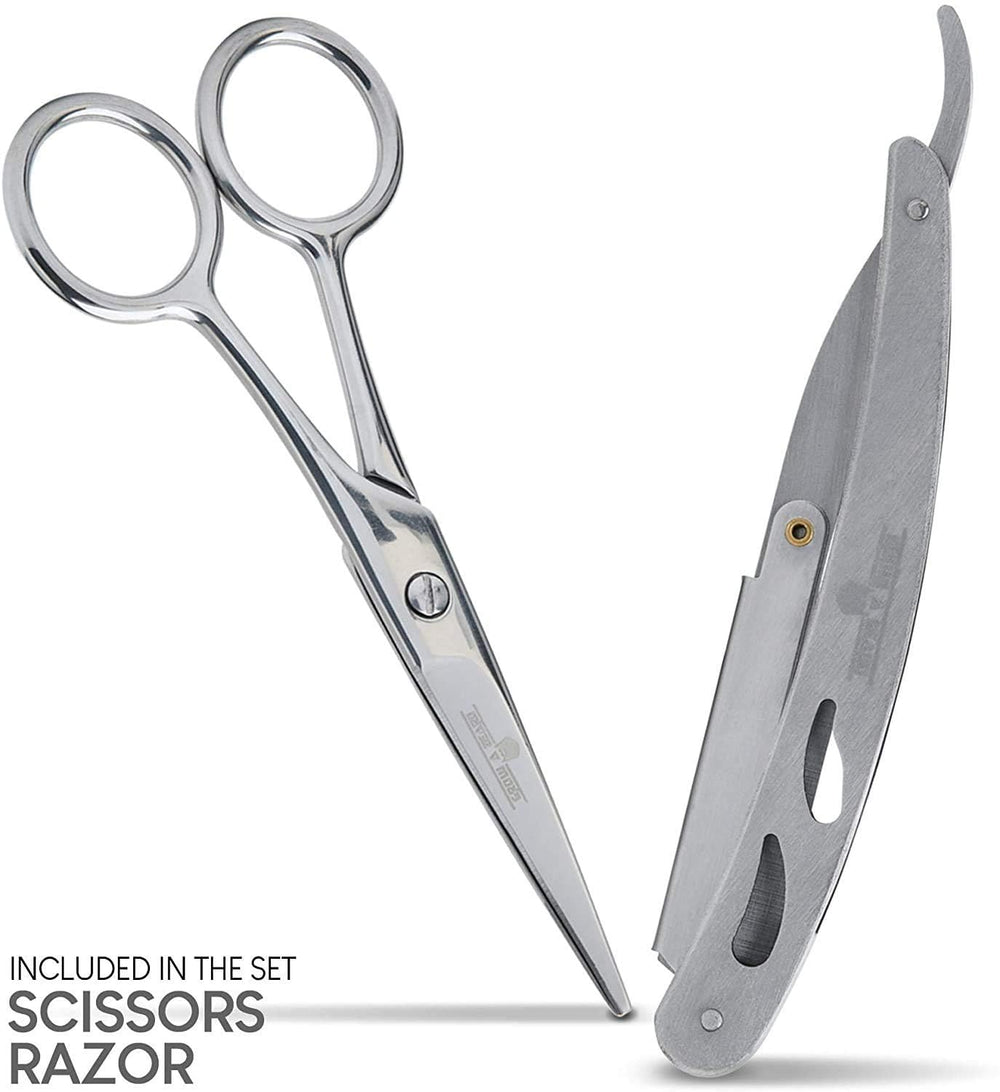 Grow Alpha Beard razor and stainless scissors for precise trimming control.