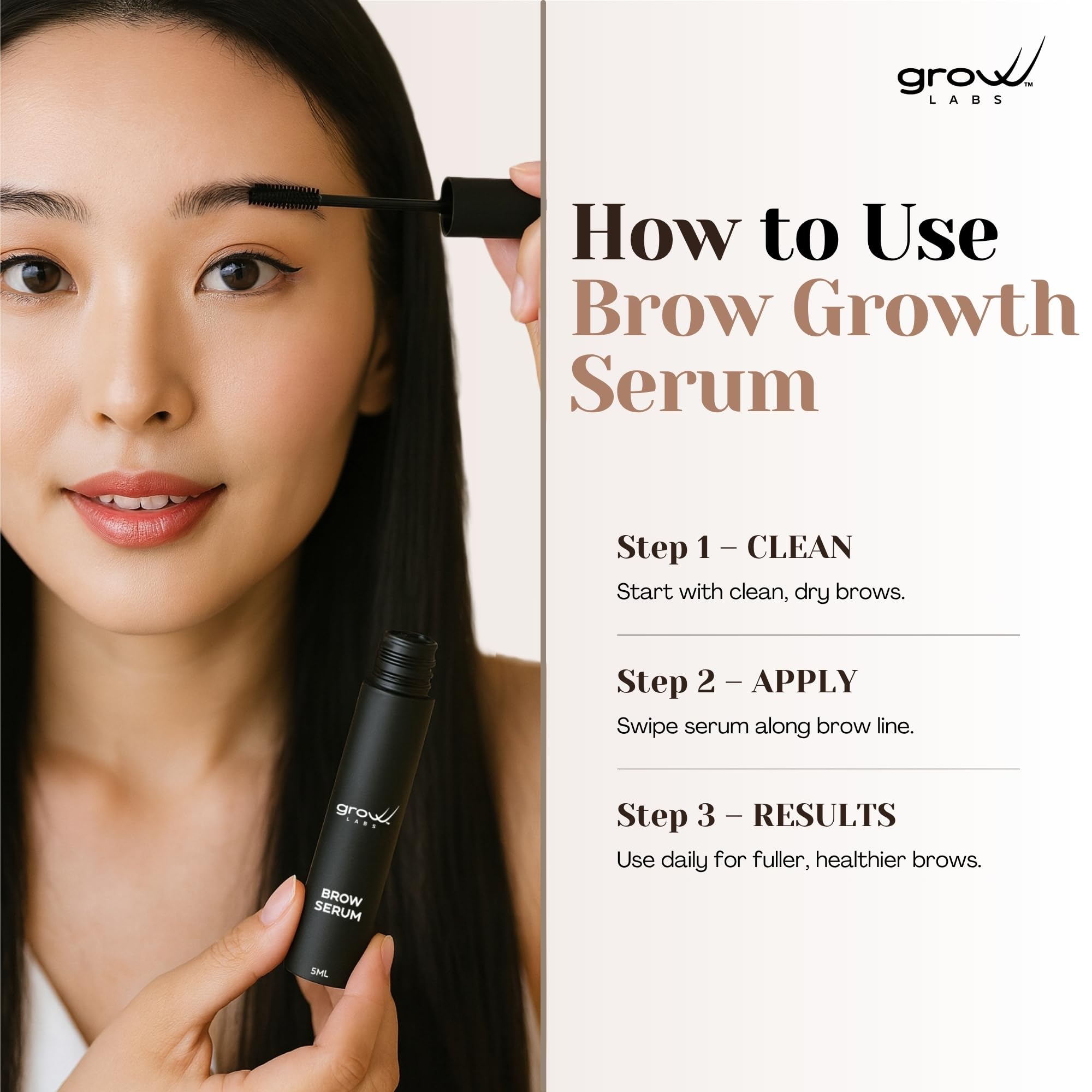 Grow Labs Eyebrow Growth Serum ingredients—peptides and biotin—for healthier brow roots.