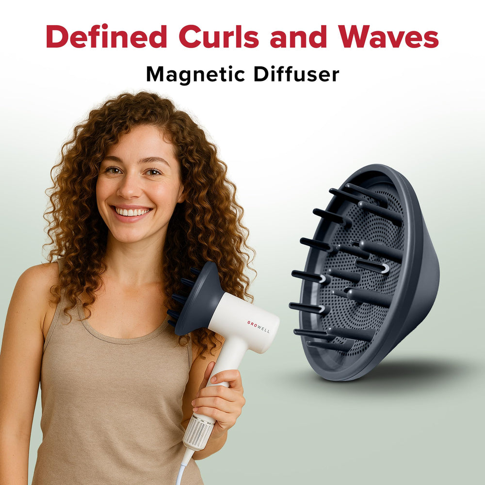 GroWell Ionic Hair Dryer with diffuser attached for smooth curls and reduced frizz