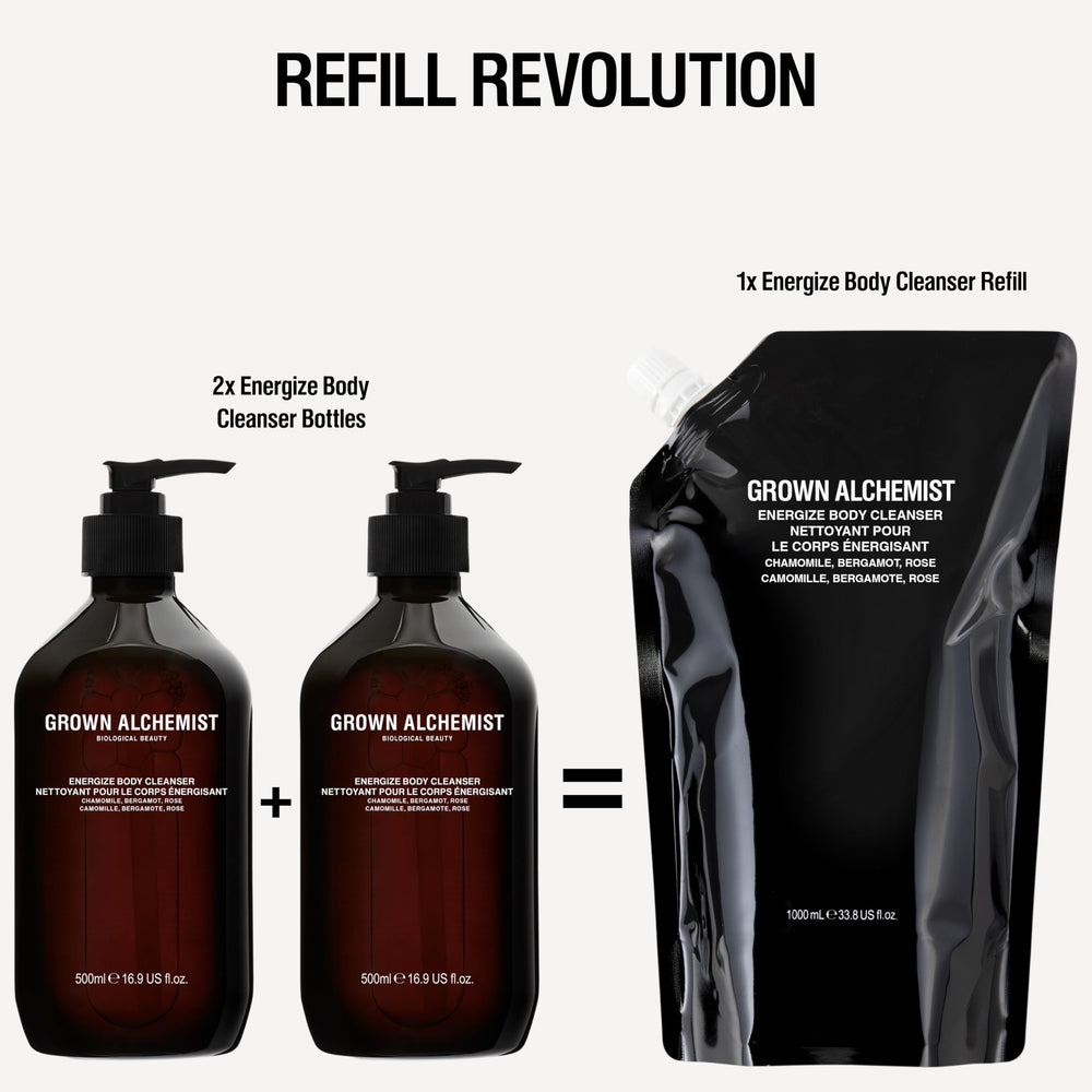 Grown Alchemist Energize Body Cleanser on bathroom shelf for daily refresh