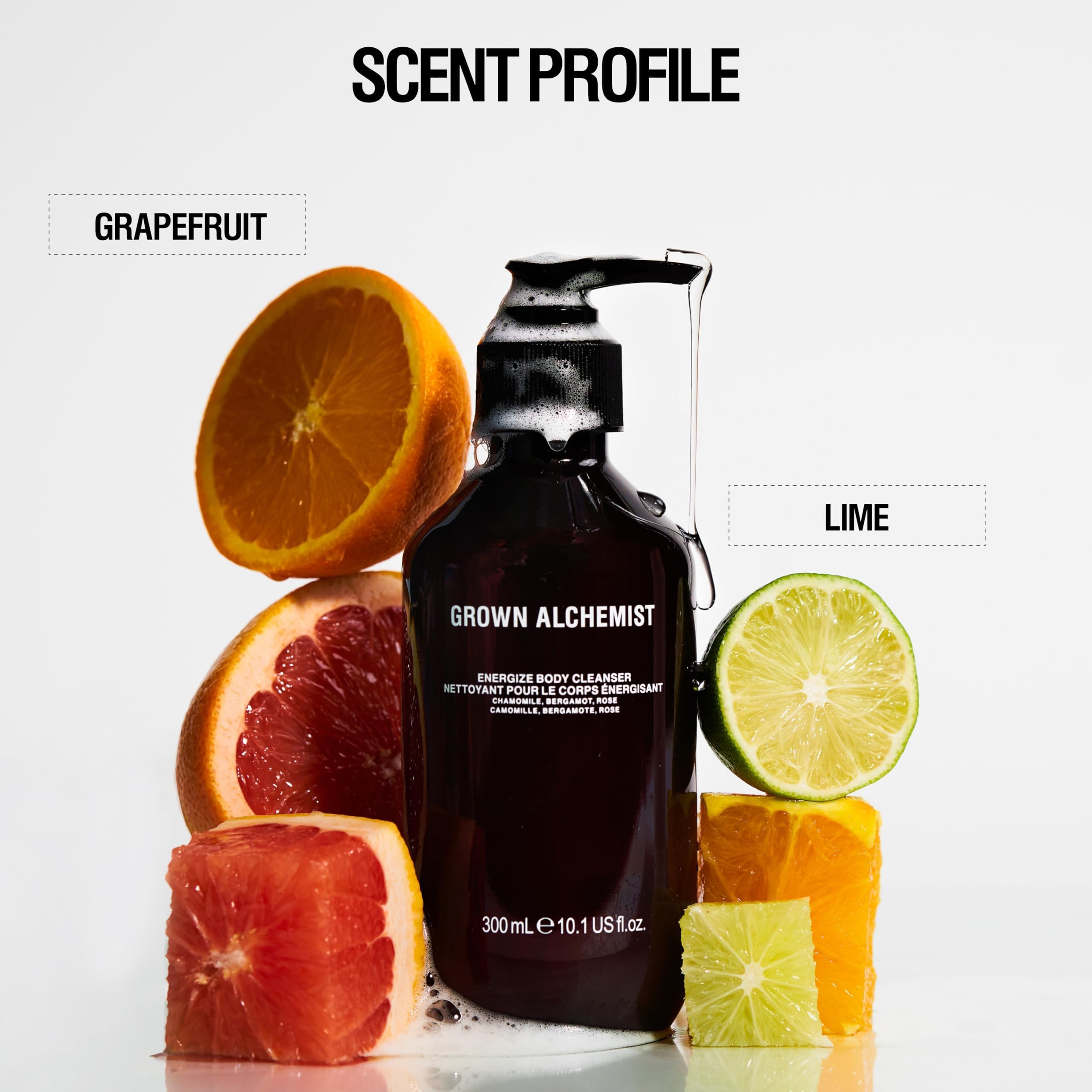 Grown Alchemist Energize Body Cleanser botanicals close-up shows cleansing power with gentle exfoliation