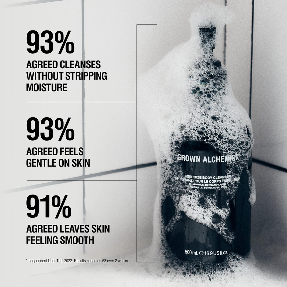 Grown Alchemist Energize Body Cleanser highlights chamomile, bergamot, and rosewood for soothing skin