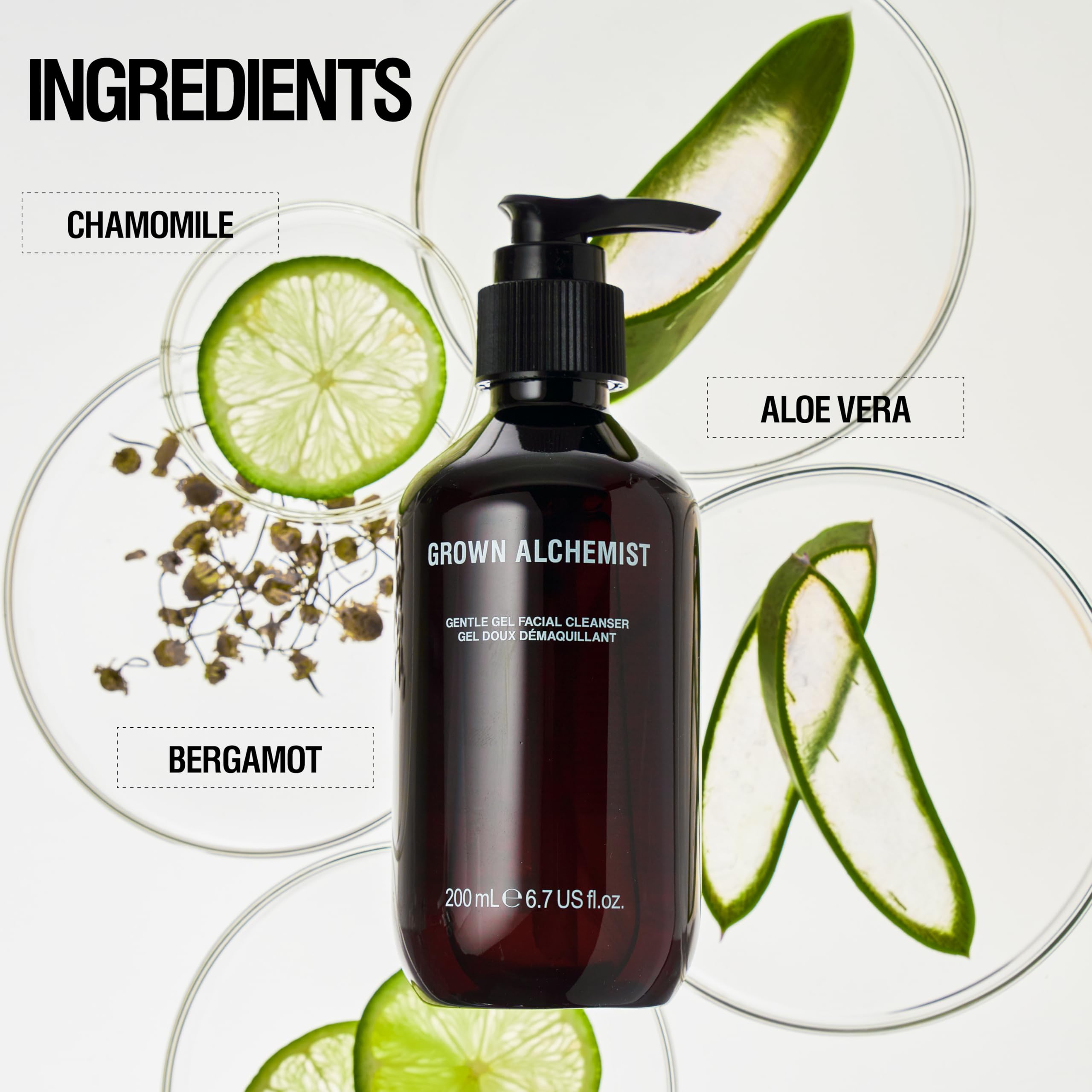 Grown Alchemist Gentle Gel Cleanser applying to hands with bergamot and rosebud aroma