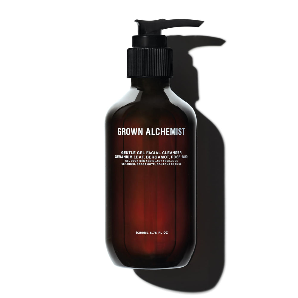 Grown Alchemist Gentle Gel Cleanser bottle closeup highlighting hydrating formula for all skin types