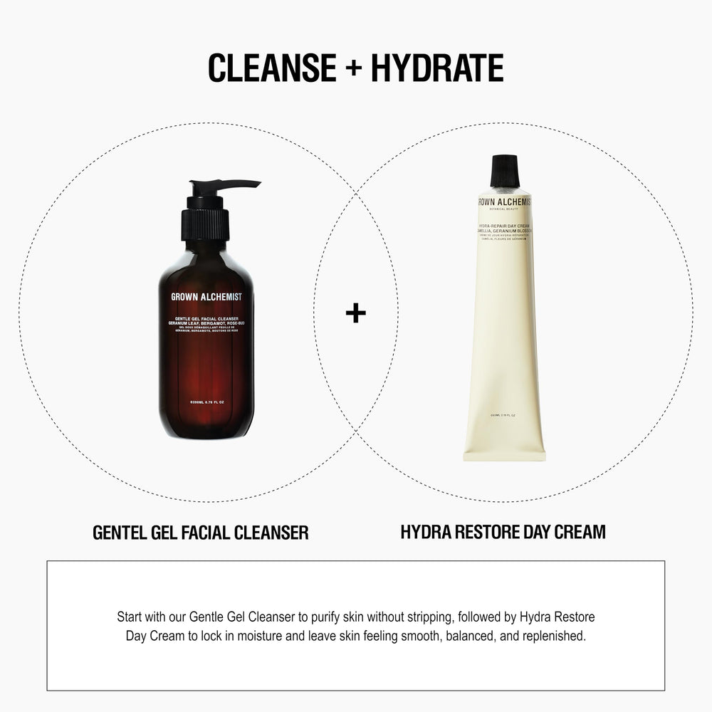 Grown Alchemist Gentle Gel Cleanser flatlay highlighting minimalist skincare system