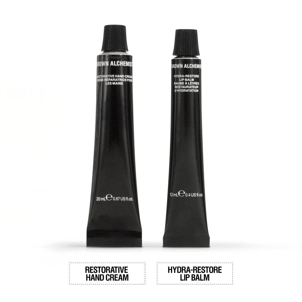 Grown Alchemist holiday gift-set illustration highlights a pampering skincare duo.
