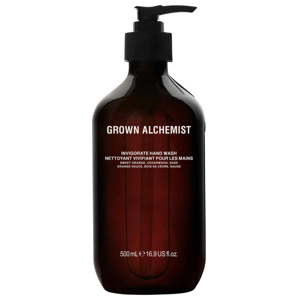 Grown Alchemist Invigorate Hand Wash bottle offers refreshing, moisturizing cleanse with aloe and essential oils.