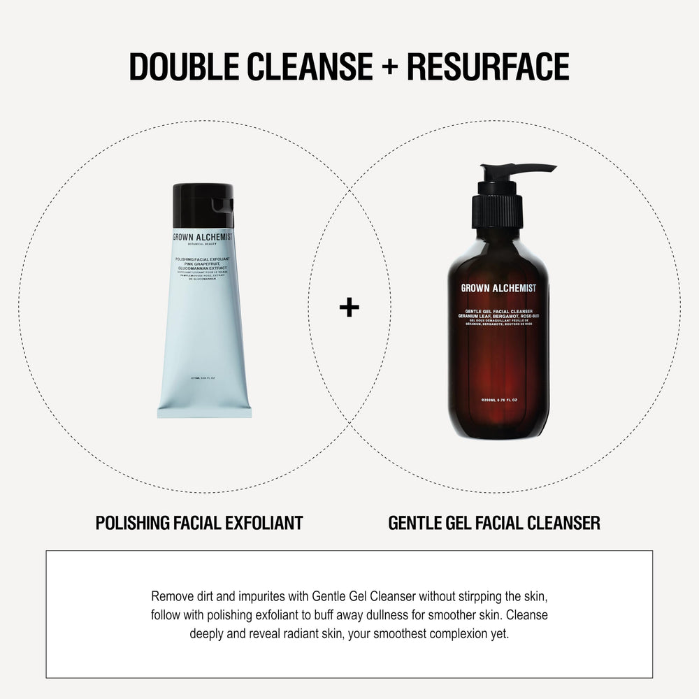 Grown Alchemist Polishing Exfoliant packaging display suggests premium non-toxic vegan skincare.