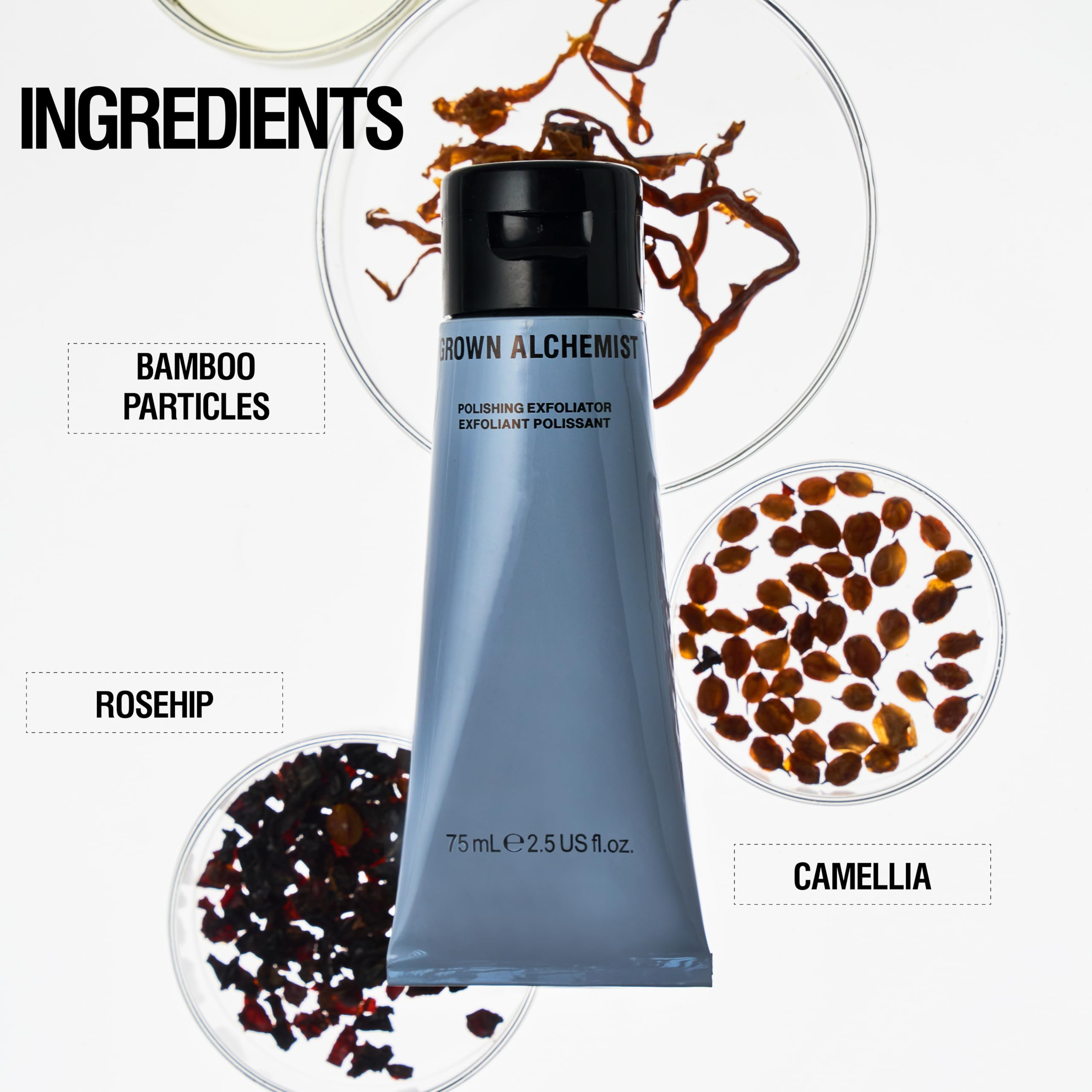 Grown Alchemist Polishing Exfoliant pink grapefruit cut features refreshing citrus-inspired exfoliation.