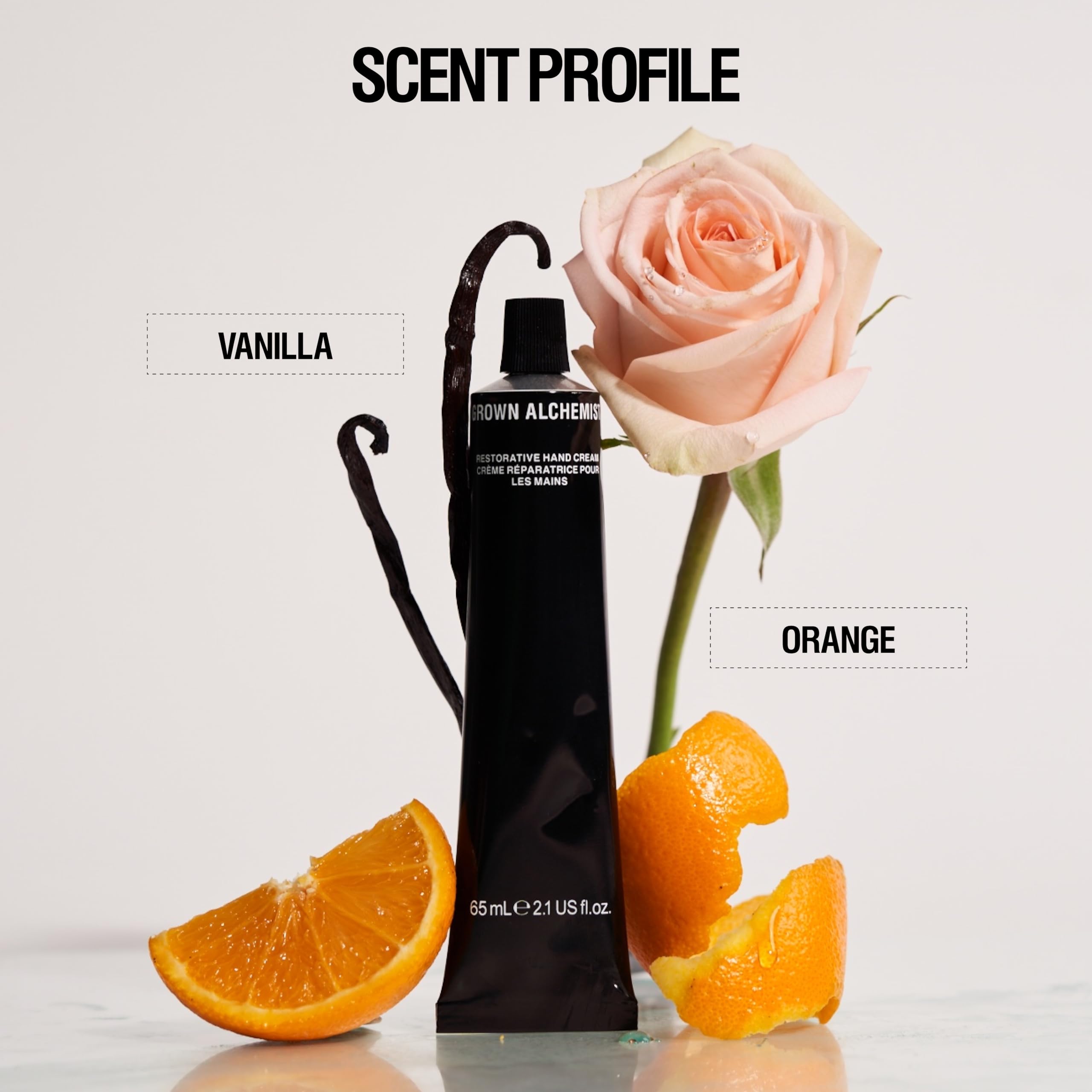 Grown Alchemist Restorative Hand Cream bottle closeup signals premium daily-use skincare.