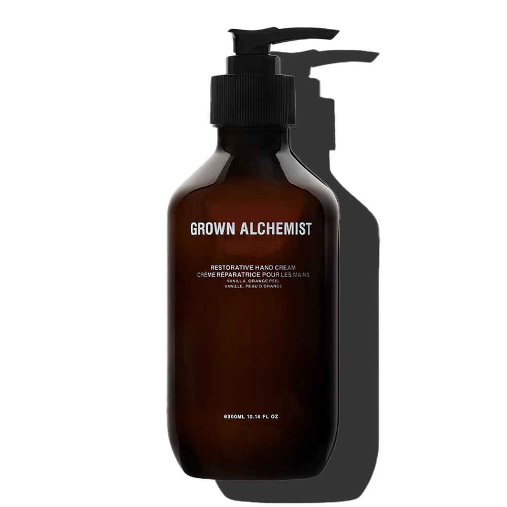 Grown Alchemist Restorative Hand Cream jar with vanilla orange peel for deep hydration and aroma.