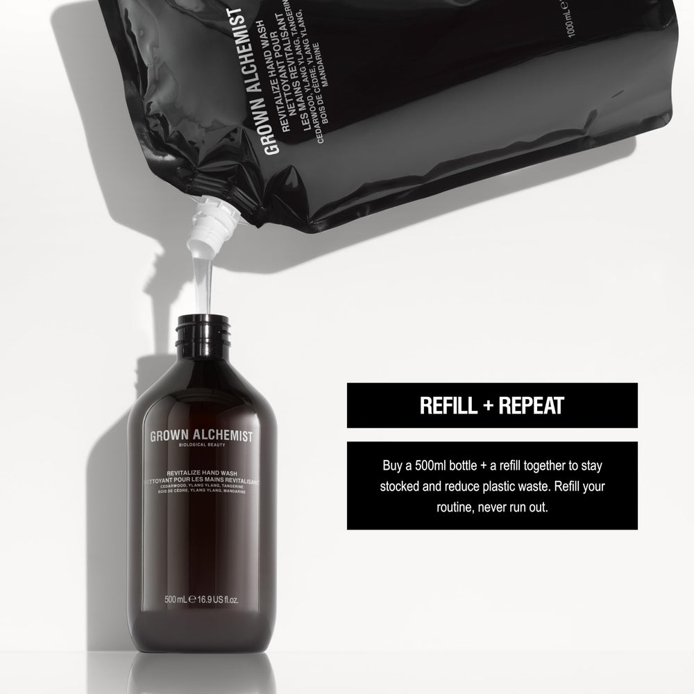 Grown Alchemist Revitalize Hand Wash refill packaging photographed to show sustainable daily care.