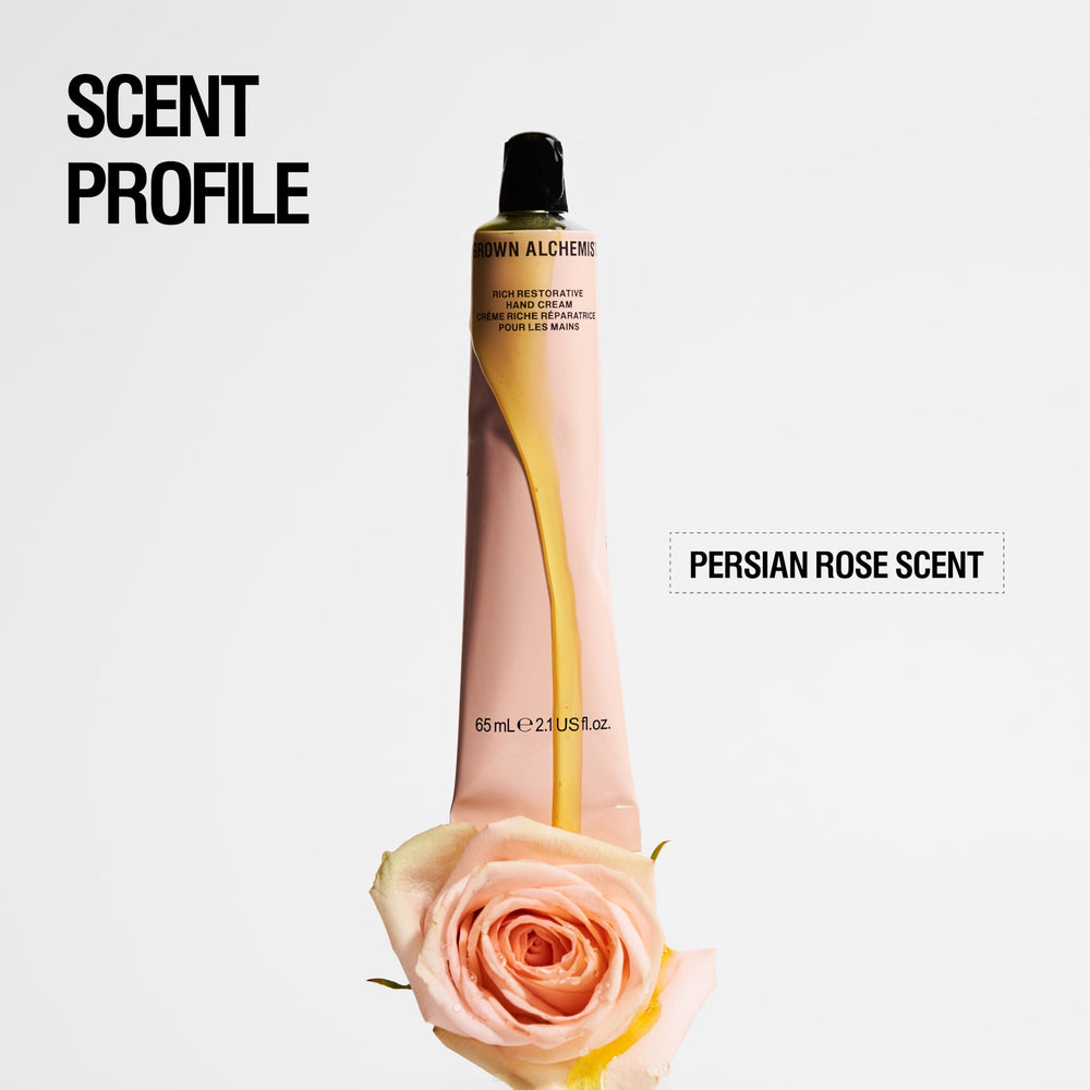 Grown Alchemist hand cream application image demonstrates non-greasy, fast-absorbing texture.