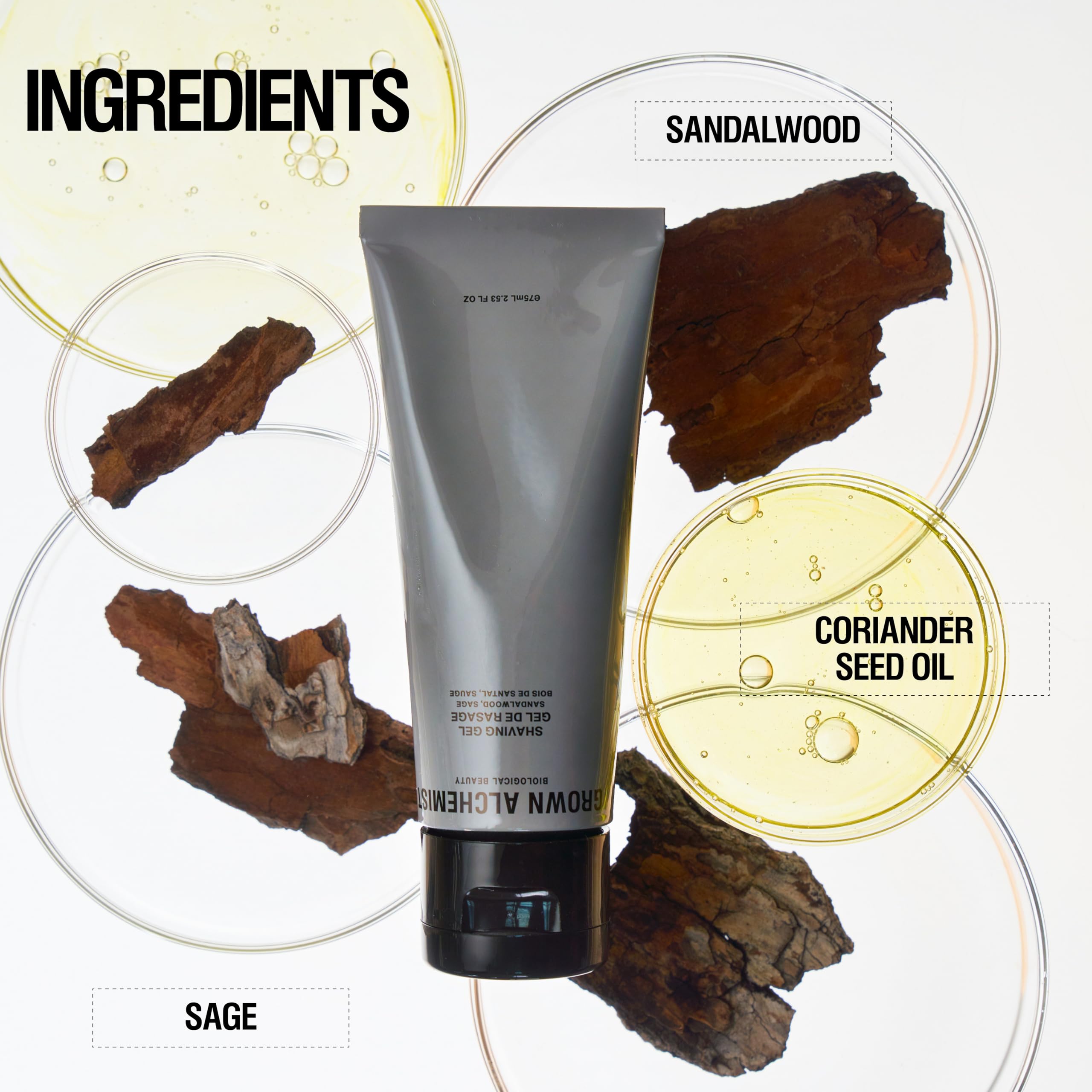 Grown Alchemist shaving gel dispense pump highlights easy, controlled application.
