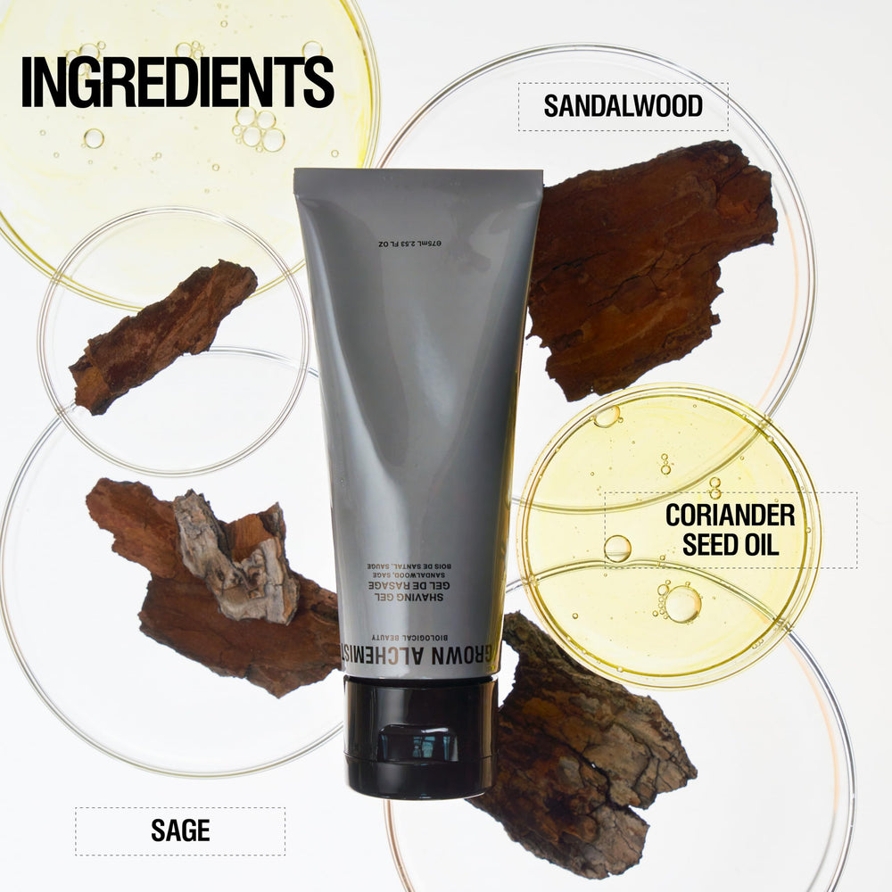 Grown Alchemist shaving gel dispense pump highlights easy, controlled application.