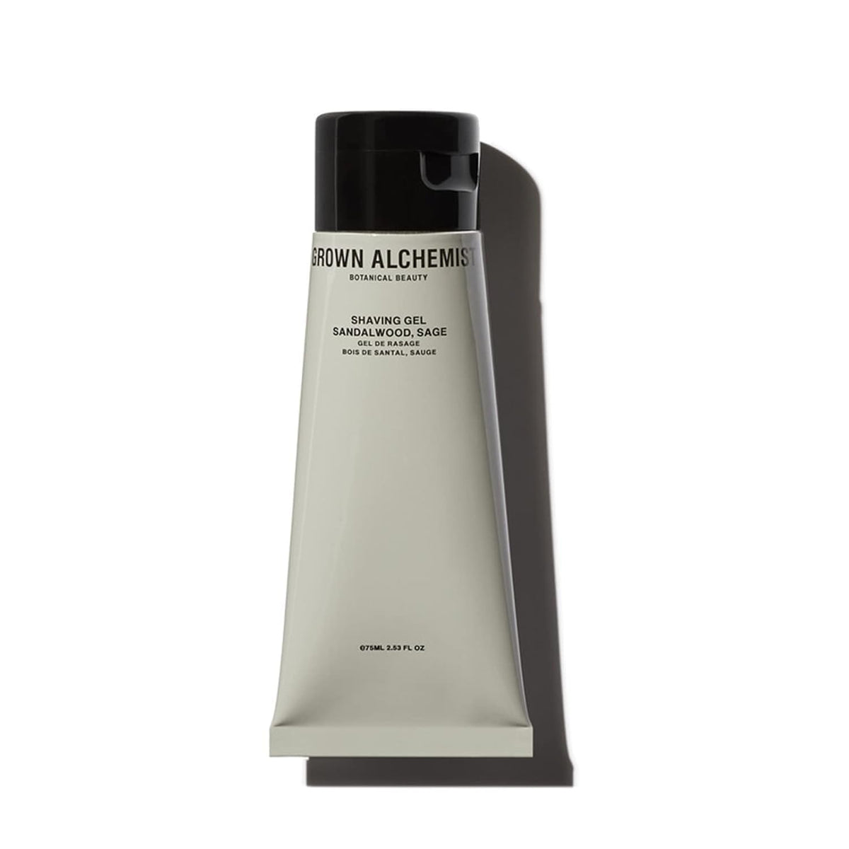 Grown Alchemist Shaving Gel bottle with sandalwood-sage formula for hydrated, close shave.