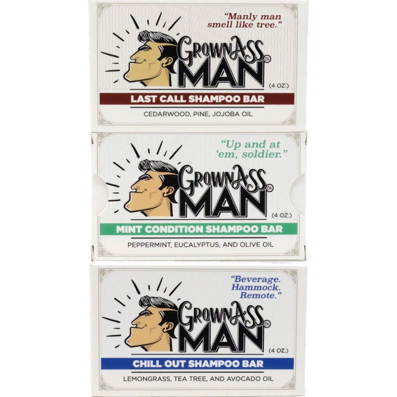 Grown Ass Man Co solid shampoo bar close-up highlights conditioning oils improving scalp feel.