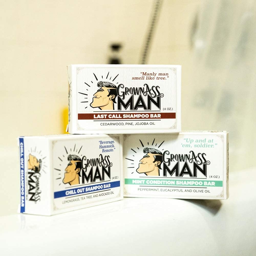 Grown Ass Man Co shampoo bar hair lather demonstrates rich foam for clean hair.