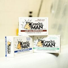Grown Ass Man Co shampoo bar hair lather demonstrates rich foam for clean hair.