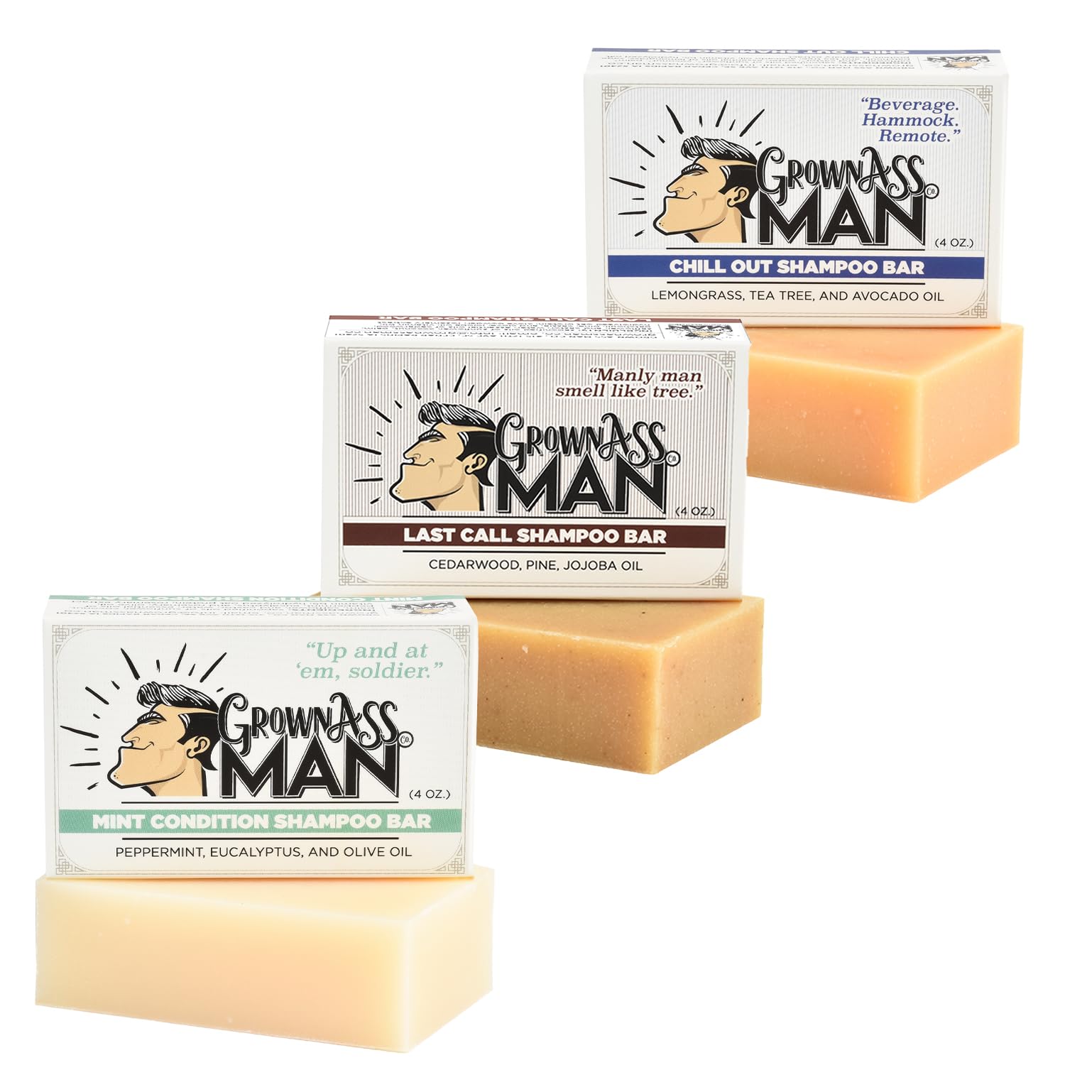 Grown Ass Man Co solid shampoo bar pack front shows eco-friendly 3-pack for everyday hair care.