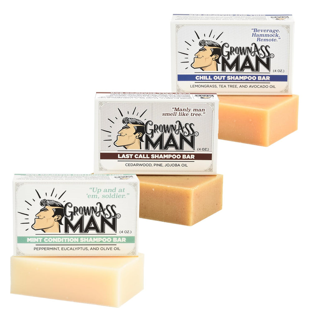 Grown Ass Man Co solid shampoo bar pack front shows eco-friendly 3-pack for everyday hair care.