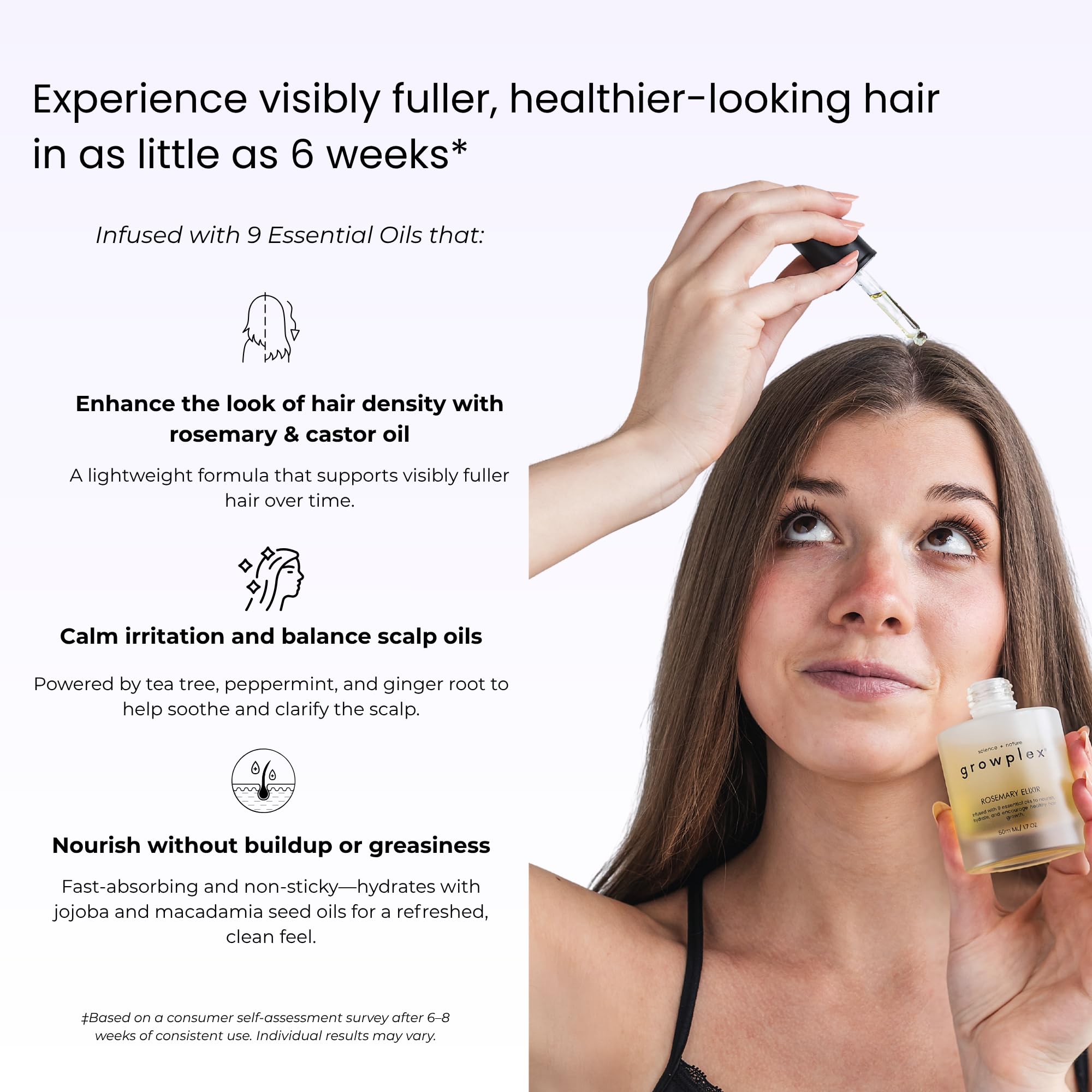 Growplex Rosemary Elixir label closeup highlighting natural ingredients for healthy-looking scalp.