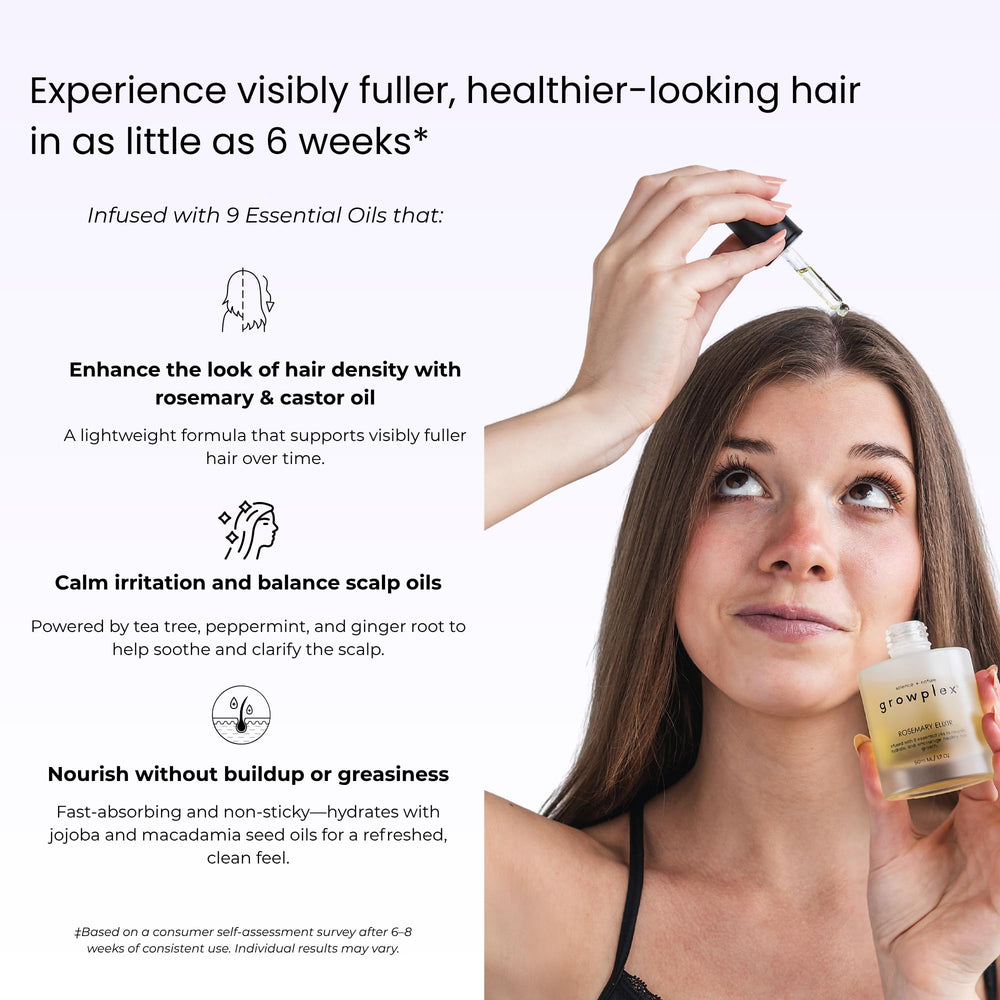 Growplex Rosemary Elixir label closeup highlighting natural ingredients for healthy-looking scalp.