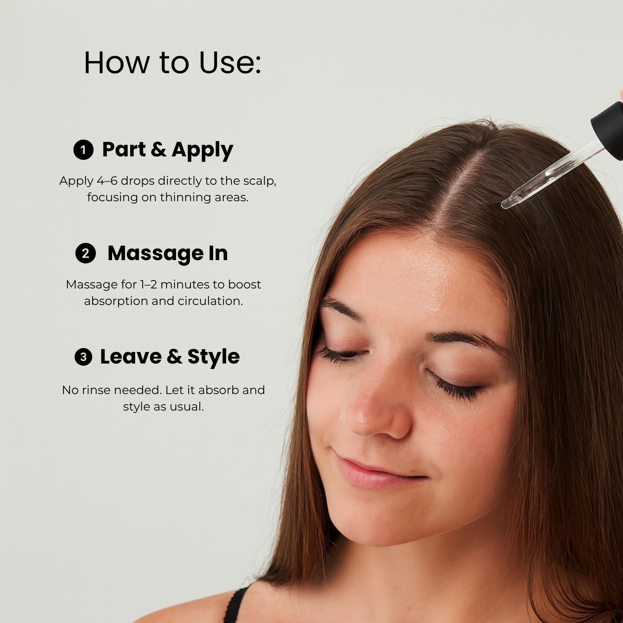Growplex Rosemary Elixir scalp massage action, highlighting relaxing self-care ritual.