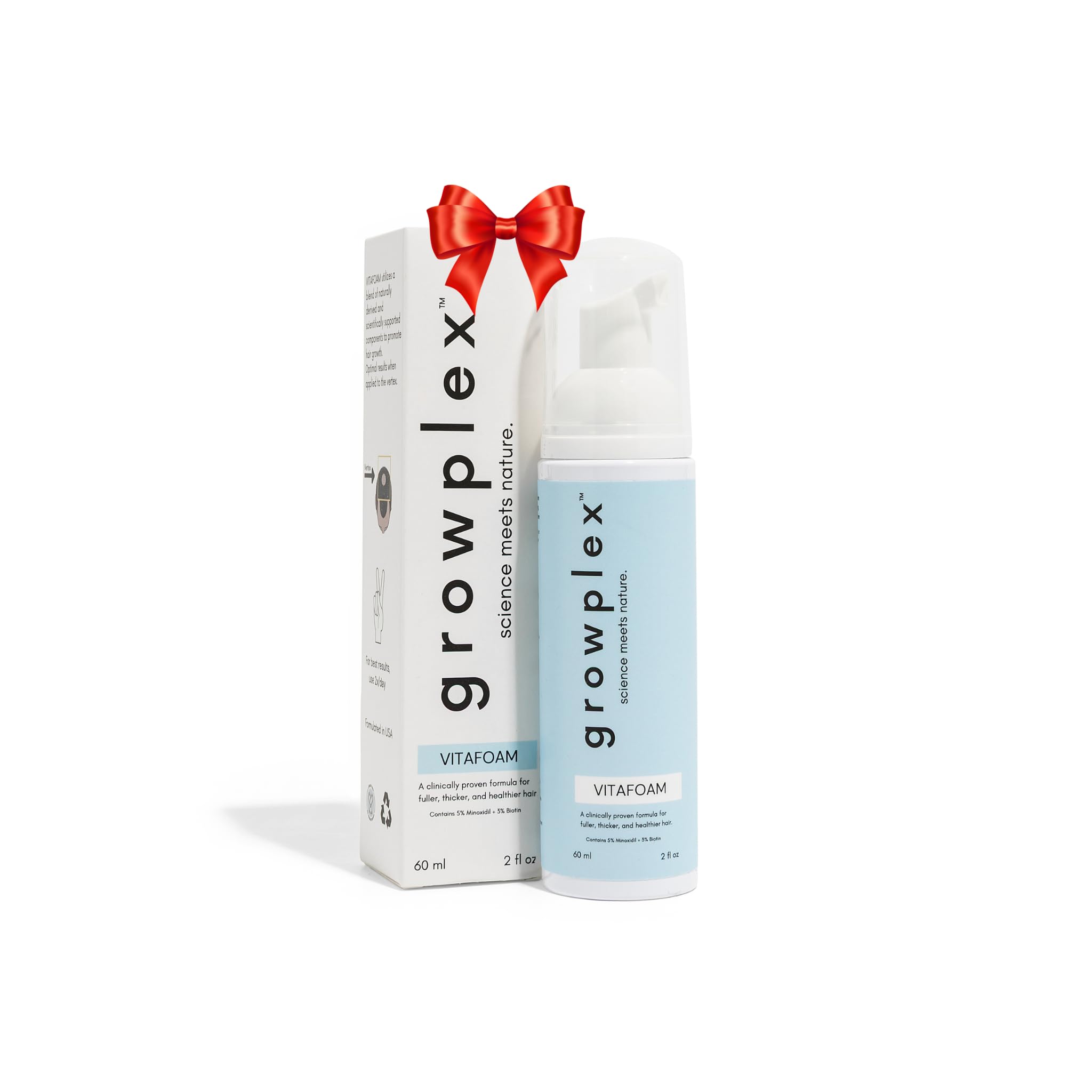 Growplex Vitafoam bottle demonstrates 5% minoxidil foam for targeted hair regrowth support.