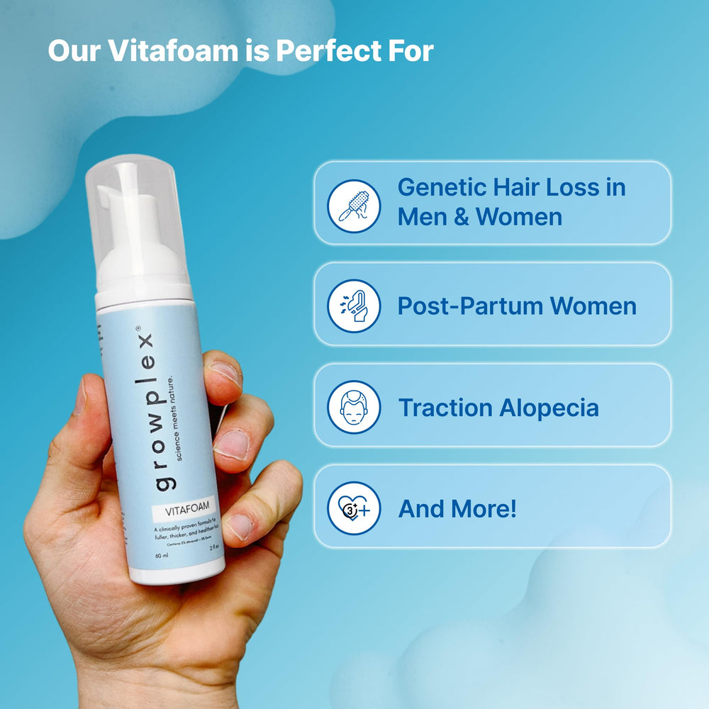 Growplex Vitafoam fragrance-sensitive formula suited for sensitive scalps during daily use.