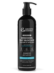 Growth Essence minoxidil-biotin shampoo bottle pour demonstrates a nourishing cleanse for a healthier scalp