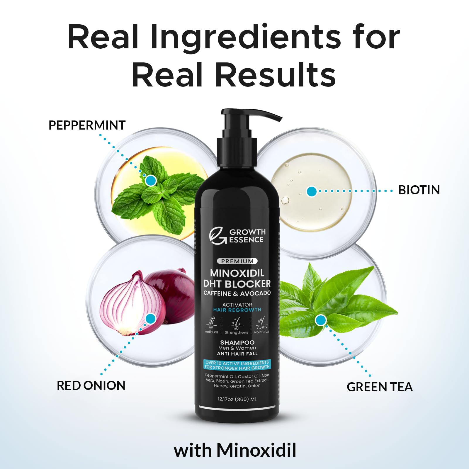 Growth Essence minoxidil-biotin shampoo foamy-lather highlights a refreshing wash that supports hair strength