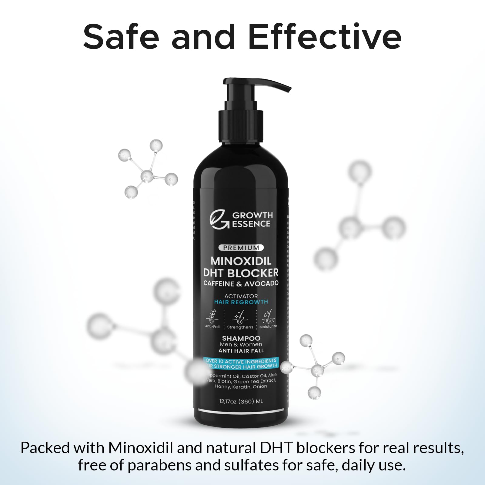 Growth Essence minoxidil-biotin shampoo hydrolyzed-keratin-sodium-hyaluronate image emphasizes moisture retention and smoother texture