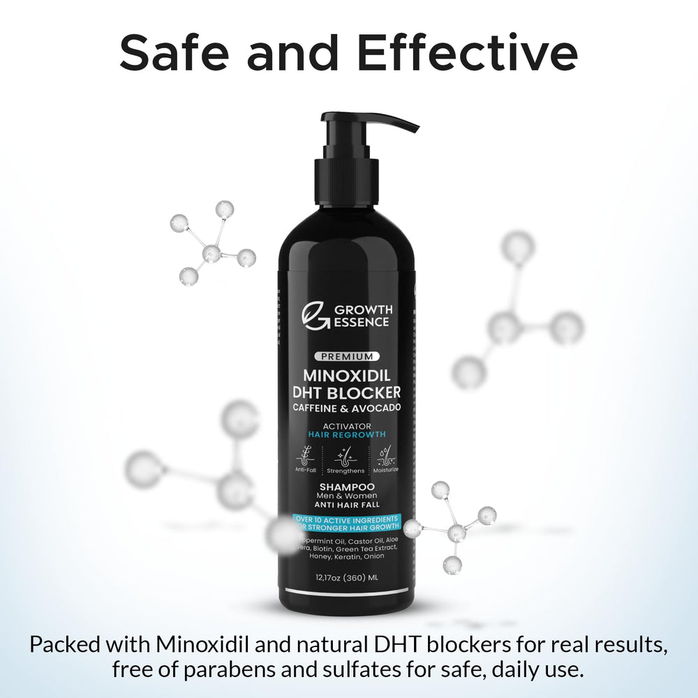 Growth Essence minoxidil-biotin shampoo hydrolyzed-keratin-sodium-hyaluronate image emphasizes moisture retention and smoother texture