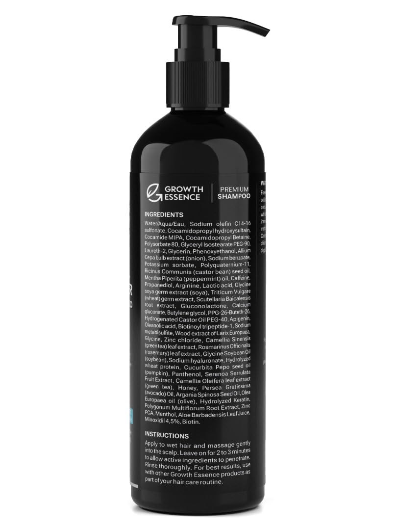 Growth Essence minoxidil-biotin shampoo bottle-closeup suggests premium care for daily hair health