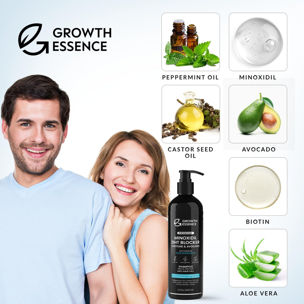 Growth Essence minoxidil-biotin shampoo sulfates-free emphasizes gentle daily cleansing