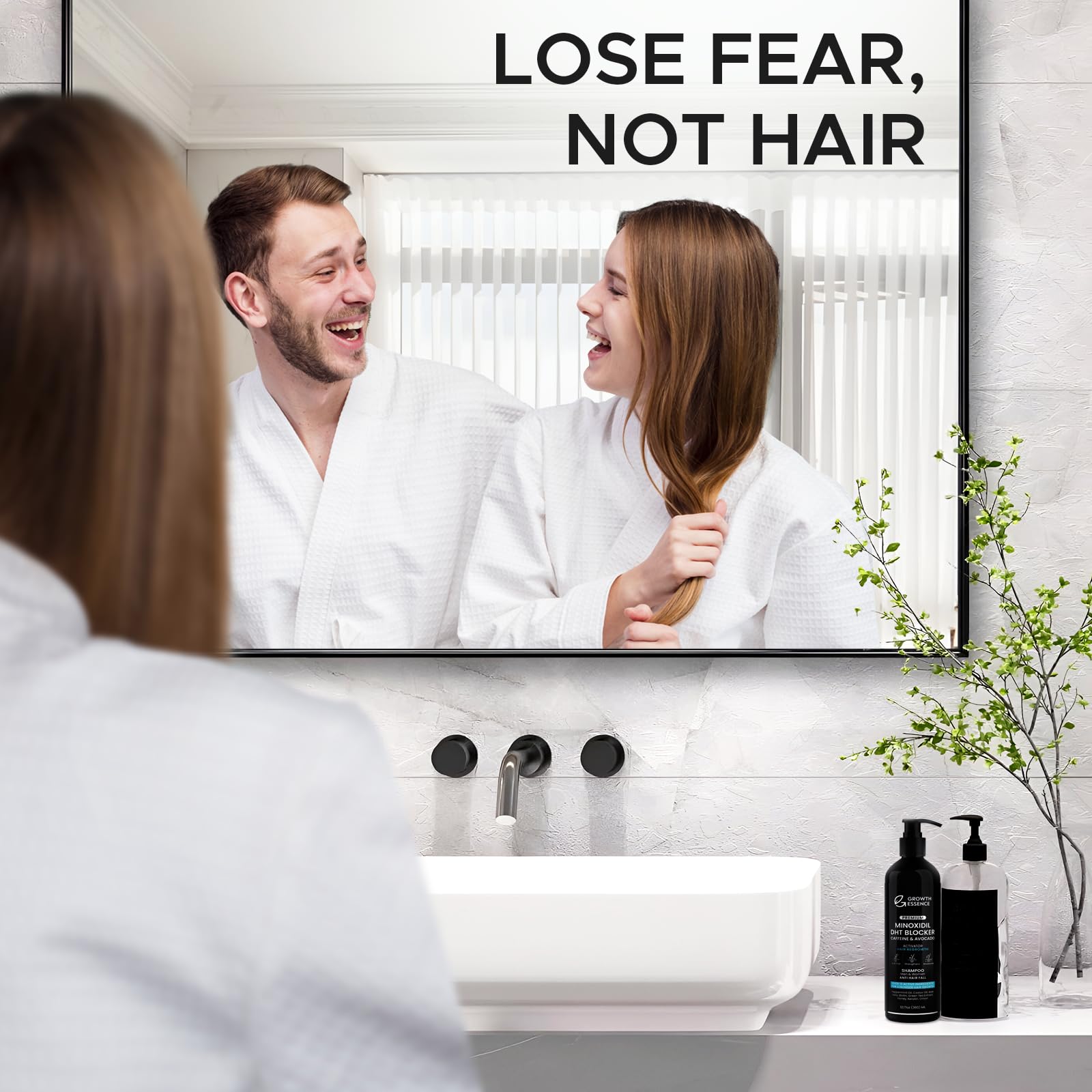 Growth Essence minoxidil-biotin shampoo dht-blocker-blend highlights potential scalp balance with natural botanical support