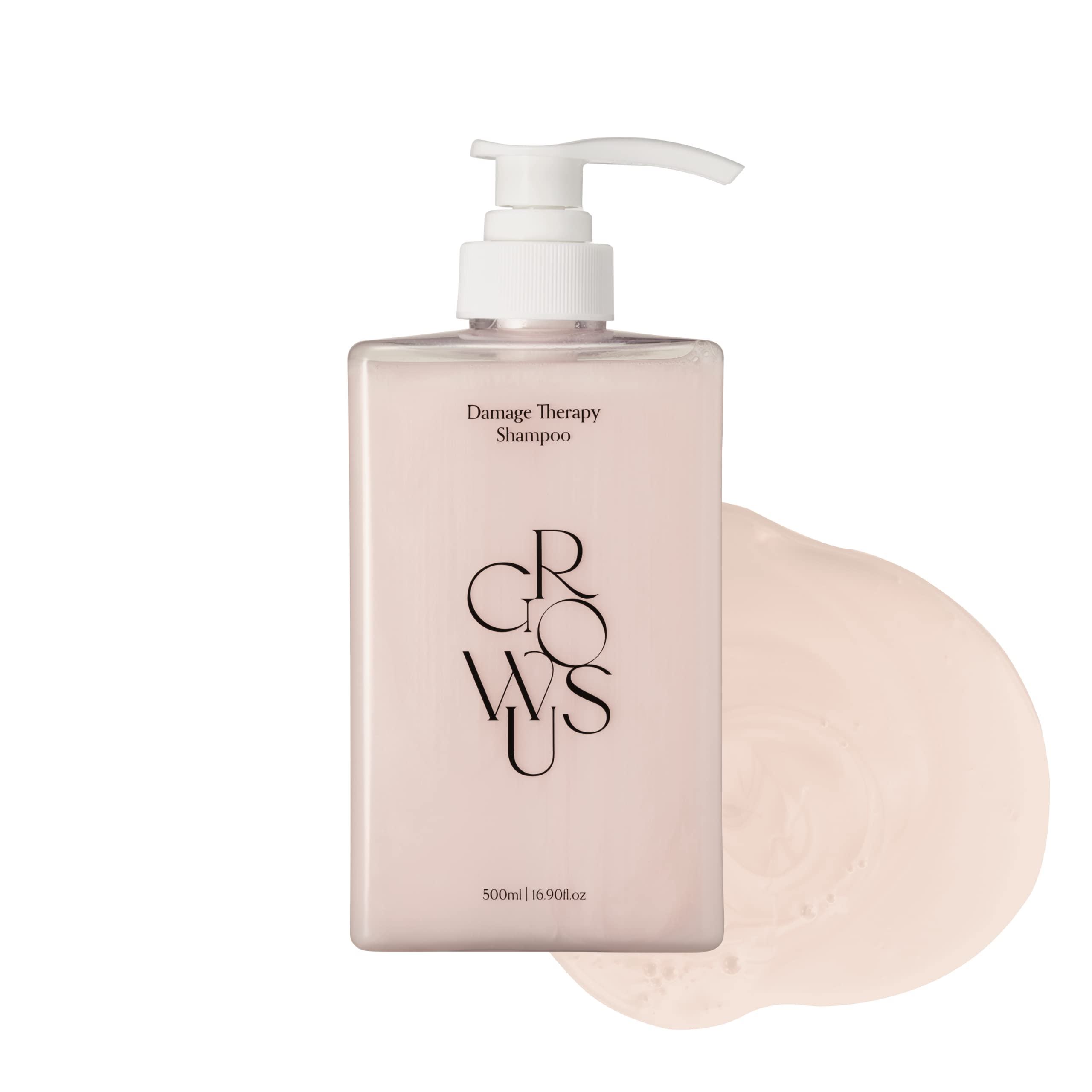 GROWUS Damage Therapy Shampoo bottle showing rose musk scent for frizz control.