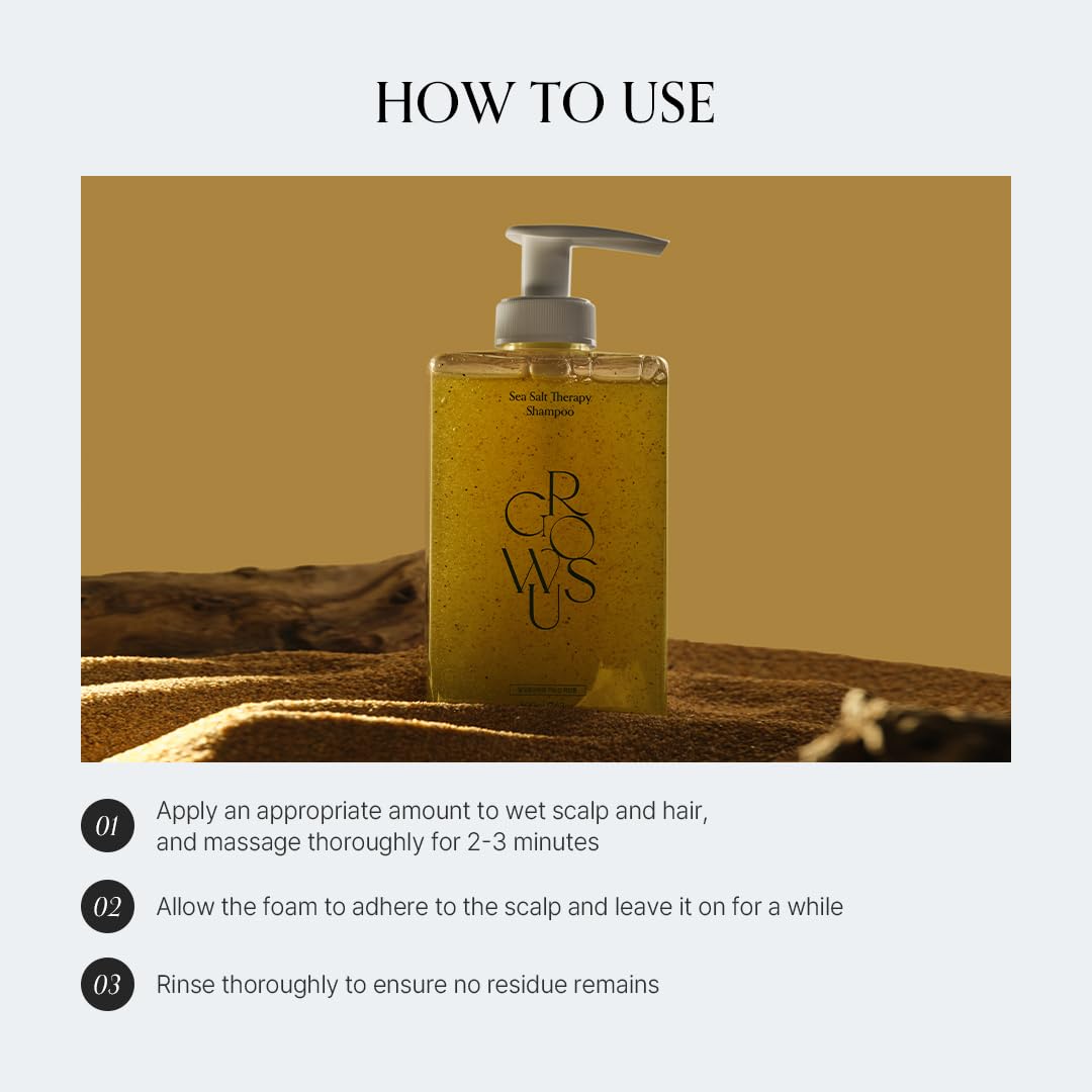 Growus Sea Salt Therapy Shampoo scalp-detail image emphasizes soothed, balanced scalp.