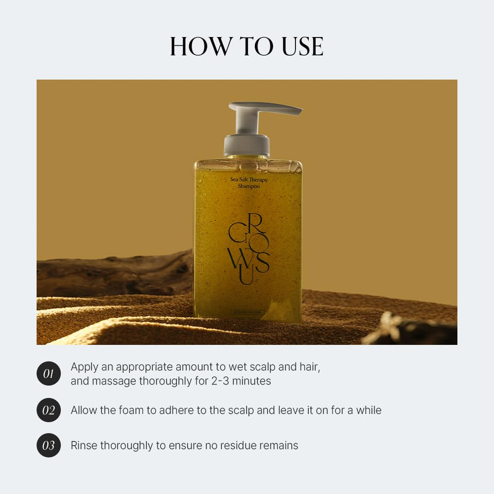 Growus Sea Salt Therapy Shampoo scalp-detail image emphasizes soothed, balanced scalp.