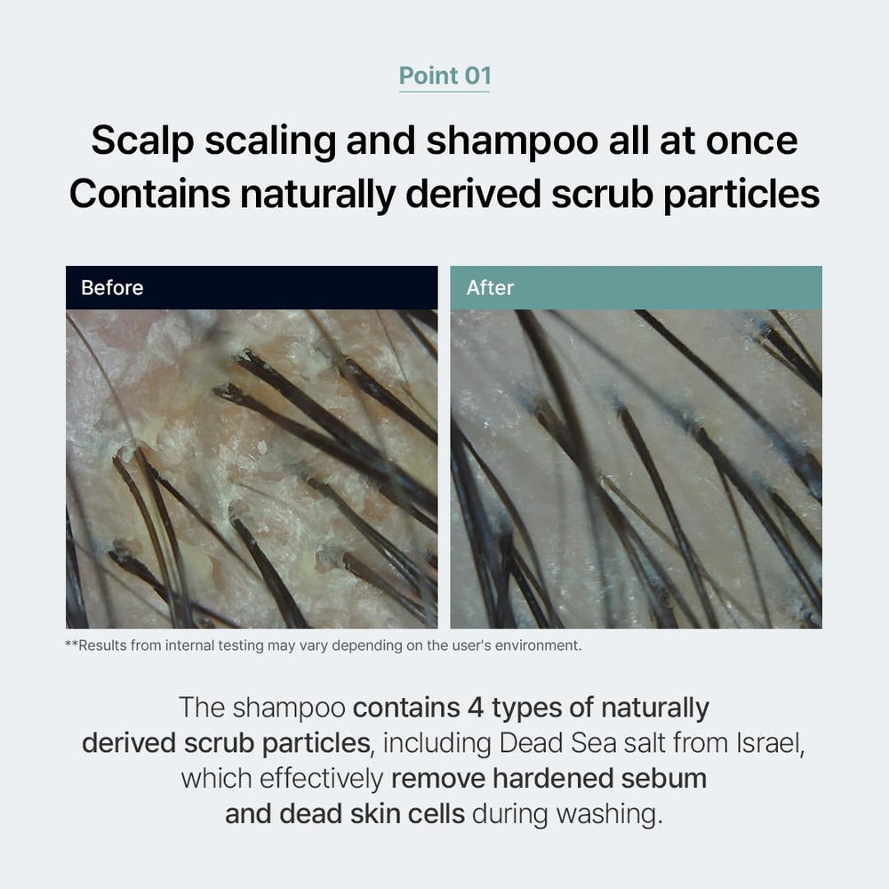 Growus Sea Salt Therapy Shampoo texture with particles provides gentle exfoliation for buildup removal.