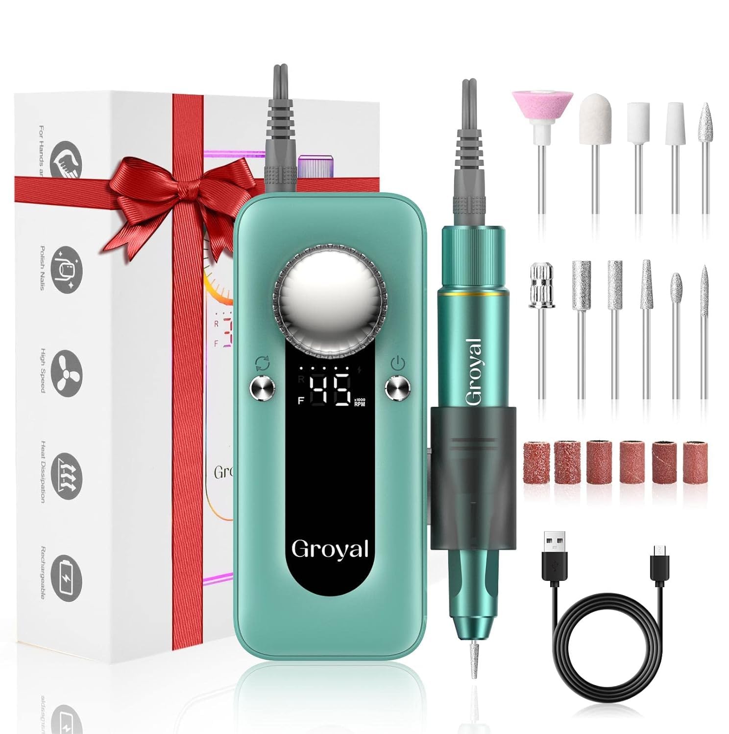 Groyal electric nail drill 45000rpm cordless for fast shaping of acrylic and gel nails.